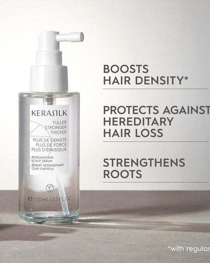 A highly effective serum infused with Biomimetic Silk, Ectoin &amp; T-Flavanone. Kerasilk's 100 % vegan* formula protects from hereditary hair loss, strengthens the roots and redensifies for long-lasting thicker and denser hair.
*no animal-derived ingredients