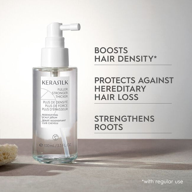 A highly effective serum infused with Biomimetic Silk, Ectoin &amp; T-Flavanone. Kerasilk's 100 % vegan* formula protects from hereditary hair loss, strengthens the roots and redensifies for long-lasting thicker and denser hair.
*no animal-derived ingredients