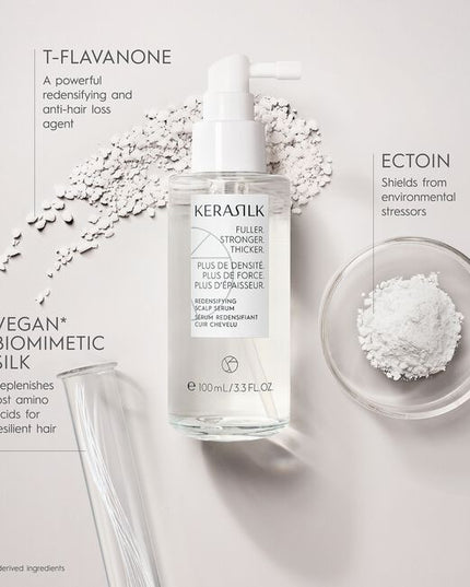 A highly effective serum infused with Biomimetic Silk, Ectoin &amp; T-Flavanone. Kerasilk's 100 % vegan* formula protects from hereditary hair loss, strengthens the roots and redensifies for long-lasting thicker and denser hair.
*no animal-derived ingredients