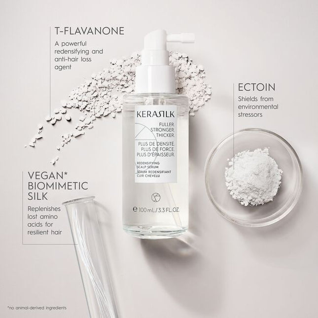 A highly effective serum infused with Biomimetic Silk, Ectoin &amp; T-Flavanone. Kerasilk's 100 % vegan* formula protects from hereditary hair loss, strengthens the roots and redensifies for long-lasting thicker and denser hair.
*no animal-derived ingredients