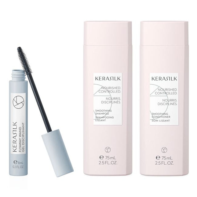 Smoothing Travel Kit Includes:

(1) - Smoothing Shampoo, 8.5 fl. oz.
(1) - Smoothing Conditioner, 7 fl. oz.
(1) - Flyaway Wand, 8mL