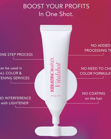 This professional one-step keratin treatment rebuilds and repairs the bonds of the hair for stronger, healthies hair. Vitalshot helps strengthen hair from the inside out to help reverse long term damage and can be added to all color and lightener services. Vitalshot requires no change to color formulations or processing time.