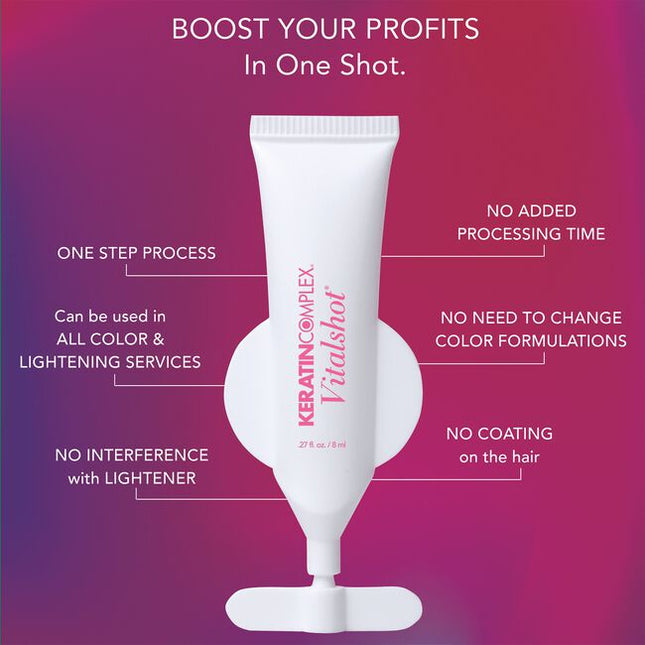 This professional one-step keratin treatment rebuilds and repairs the bonds of the hair for stronger, healthies hair. Vitalshot helps strengthen hair from the inside out to help reverse long term damage and can be added to all color and lightener services. Vitalshot requires no change to color formulations or processing time.