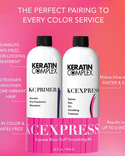 THE PERFECT PAIRING TO EVERY COLOR SERVICE! Every Color. Any Brand. Any Time. This quick color-locking smoothing treatment is an express salon professional service that delivers polished, more manageable, healthy hair with frizz control results that last up to 6 weeks. KCEXPRESS takes only 15 minutes when added to a hair color service!