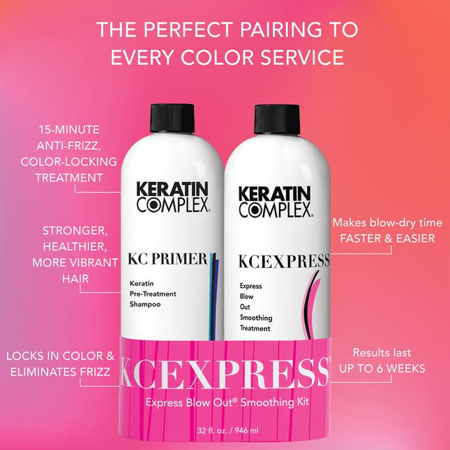 THE PERFECT PAIRING TO EVERY COLOR SERVICE! Every Color. Any Brand. Any Time. This quick color-locking smoothing treatment is an express salon professional service that delivers polished, more manageable, healthy hair with frizz control results that last up to 6 weeks. KCEXPRESS takes only 15 minutes when added to a hair color service!