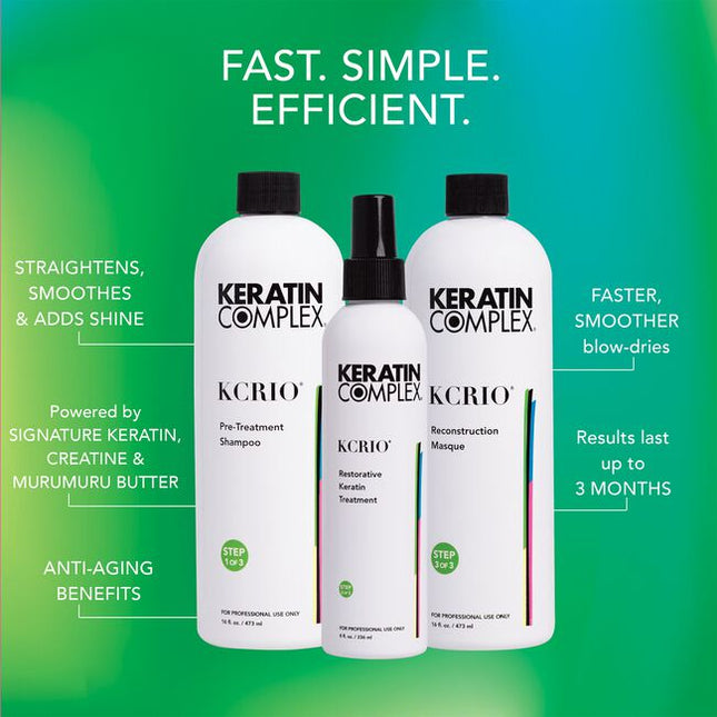 Revitalize your hair with KCRIO, inspired by the vibrant energy of Rio de Janeiro’s Carnival! Designed for all hair types, the Keratin Complex KCRIO Restorative Keratin System delivers superior smoothness, sleekness, and radiant shine, with results that last up to 3 months. KCRIO's proprietary blend of Signature Keratin, Creatine, and nourishing Murumuru Butter works to smooth, strengthen, and revive hair from the inside out.