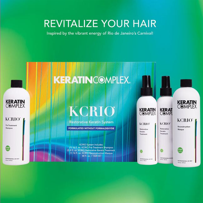 Revitalize your hair with KCRIO, inspired by the vibrant energy of Rio de Janeiro’s Carnival! Designed for all hair types, the Keratin Complex KCRIO Restorative Keratin System delivers superior smoothness, sleekness, and radiant shine, with results that last up to 3 months. KCRIO's proprietary blend of Signature Keratin, Creatine, and nourishing Murumuru Butter works to smooth, strengthen, and revive hair from the inside out.