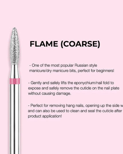 The Flame Coarse is a diamond-cut drill bit engineered for Russian style and dry manicure work. With its coarse grit, it safely lifts the eponychium (nail fold) to expose and remove cuticle on the nail plate without damaging skin or plate. It’s ideal for removing excess skin, opening sidewalls, handling hangnails, and even sealing the cuticle area after product application. The standard 3/32" shank ensures compatibility with all professional nail e-files.
