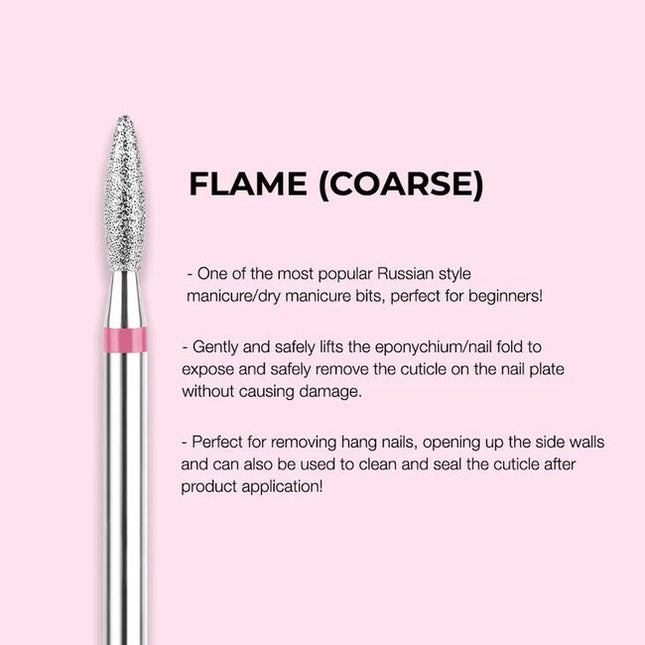 The Flame Coarse is a diamond-cut drill bit engineered for Russian style and dry manicure work. With its coarse grit, it safely lifts the eponychium (nail fold) to expose and remove cuticle on the nail plate without damaging skin or plate. It’s ideal for removing excess skin, opening sidewalls, handling hangnails, and even sealing the cuticle area after product application. The standard 3/32" shank ensures compatibility with all professional nail e-files.