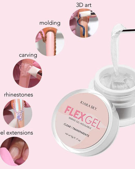 Flex Gel is a versatile, moldable gel designed to elevate nail artistry. Ideal for 3D art, carving, molding, and rhinestone application, as well as seamless gel extensions, its pliable consistency gives nail technicians more control and time to refine designs before curing.