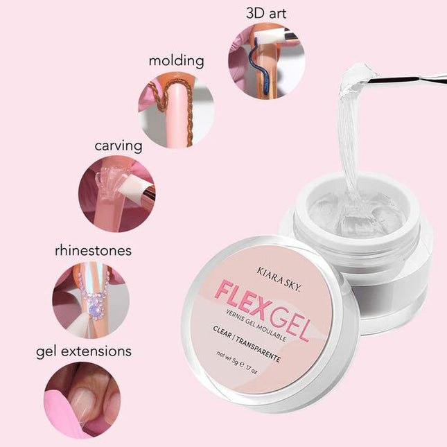 Flex Gel is a versatile, moldable gel designed to elevate nail artistry. Ideal for 3D art, carving, molding, and rhinestone application, as well as seamless gel extensions, its pliable consistency gives nail technicians more control and time to refine designs before curing.