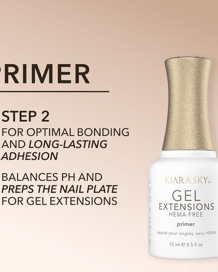 Kiara Sky’s Gel Extensions Primer HEMA Free is the second step in the Gelly Tips application system and is essential for achieving strong and long lasting adhesion.