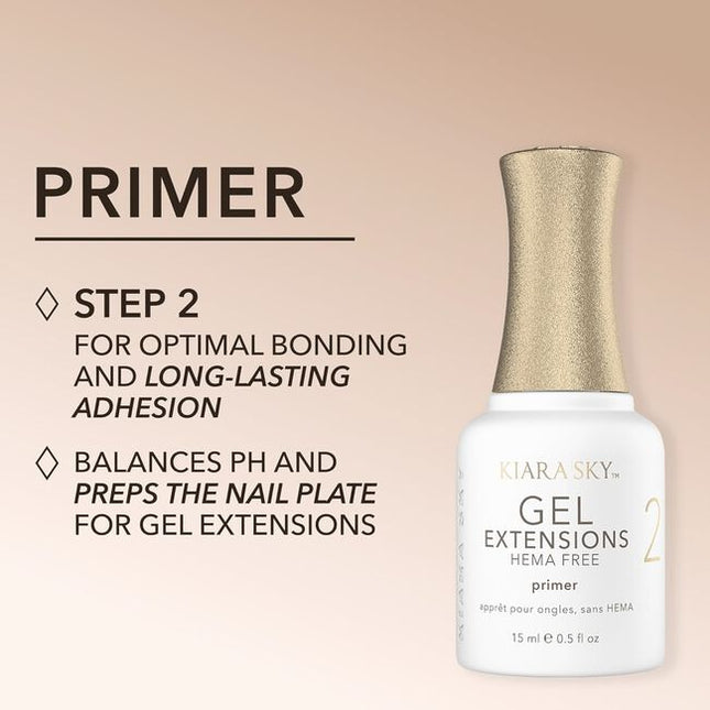 Kiara Sky’s Gel Extensions Primer HEMA Free is the second step in the Gelly Tips application system and is essential for achieving strong and long lasting adhesion.