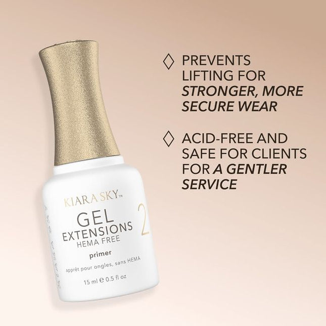 Kiara Sky’s Gel Extensions Primer HEMA Free is the second step in the Gelly Tips application system and is essential for achieving strong and long lasting adhesion.