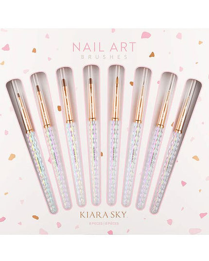 The Kiara Sky Nail Art Brush Collection is a must-have set of eight precision tools designed to elevate your nail artistry. Whether you're creating delicate linework, intricate floral designs, or bold abstract looks, each brush in this curated collection offers a unique shape and function to suit every creative need. 