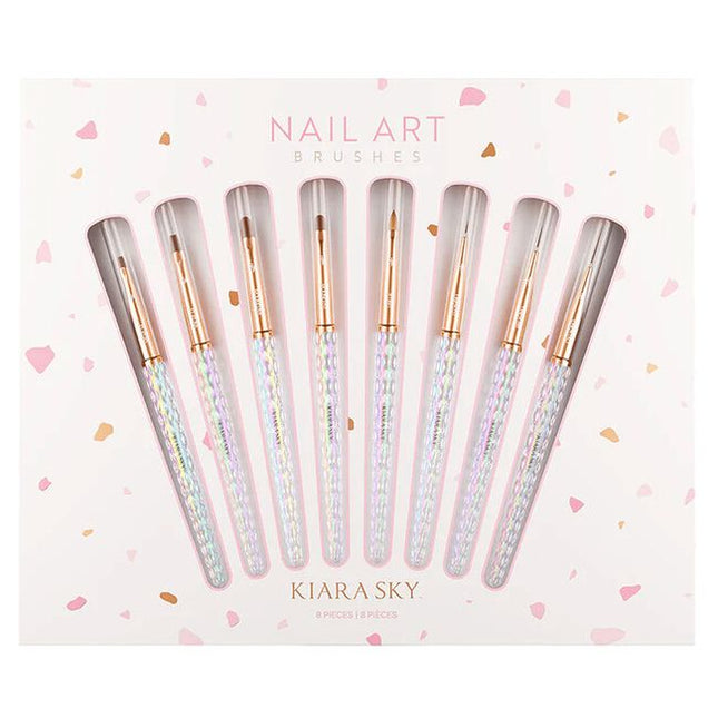 The Kiara Sky Nail Art Brush Collection is a must-have set of eight precision tools designed to elevate your nail artistry. Whether you're creating delicate linework, intricate floral designs, or bold abstract looks, each brush in this curated collection offers a unique shape and function to suit every creative need. 