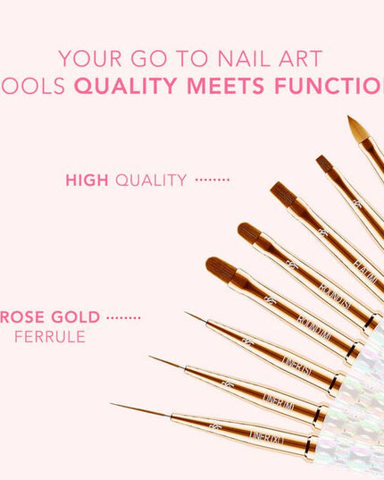 The Kiara Sky Nail Art Brush Collection is a must-have set of eight precision tools designed to elevate your nail artistry. Whether you're creating delicate linework, intricate floral designs, or bold abstract looks, each brush in this curated collection offers a unique shape and function to suit every creative need. 