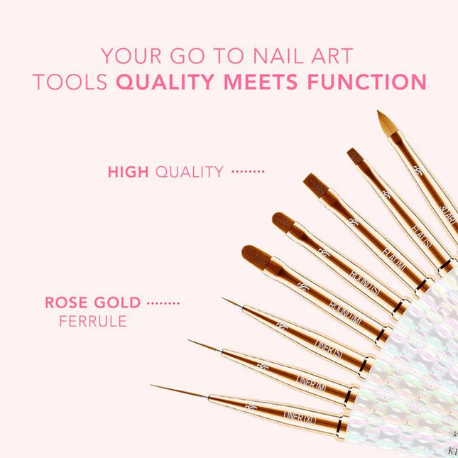The Kiara Sky Nail Art Brush Collection is a must-have set of eight precision tools designed to elevate your nail artistry. Whether you're creating delicate linework, intricate floral designs, or bold abstract looks, each brush in this curated collection offers a unique shape and function to suit every creative need. 