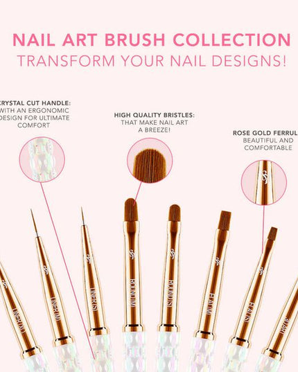 The Kiara Sky Nail Art Brush Collection is a must-have set of eight precision tools designed to elevate your nail artistry. Whether you're creating delicate linework, intricate floral designs, or bold abstract looks, each brush in this curated collection offers a unique shape and function to suit every creative need. 