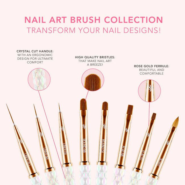 The Kiara Sky Nail Art Brush Collection is a must-have set of eight precision tools designed to elevate your nail artistry. Whether you're creating delicate linework, intricate floral designs, or bold abstract looks, each brush in this curated collection offers a unique shape and function to suit every creative need. 