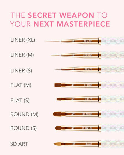 The Kiara Sky Nail Art Brush Collection is a must-have set of eight precision tools designed to elevate your nail artistry. Whether you're creating delicate linework, intricate floral designs, or bold abstract looks, each brush in this curated collection offers a unique shape and function to suit every creative need. 