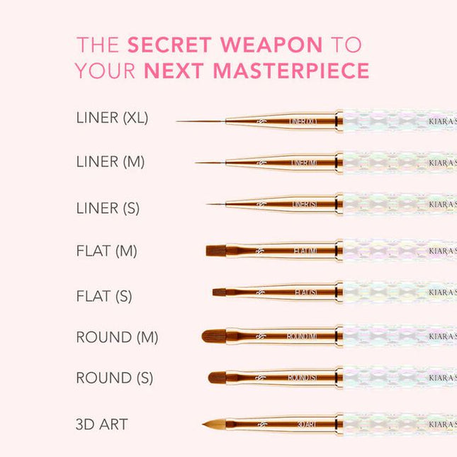 The Kiara Sky Nail Art Brush Collection is a must-have set of eight precision tools designed to elevate your nail artistry. Whether you're creating delicate linework, intricate floral designs, or bold abstract looks, each brush in this curated collection offers a unique shape and function to suit every creative need. 