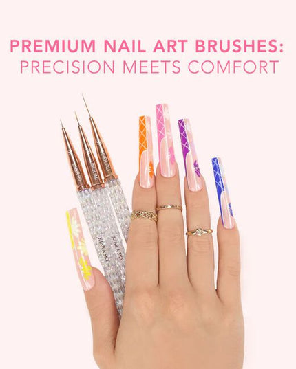 The Kiara Sky Nail Art Brush Collection is a must-have set of eight precision tools designed to elevate your nail artistry. Whether you're creating delicate linework, intricate floral designs, or bold abstract looks, each brush in this curated collection offers a unique shape and function to suit every creative need. 