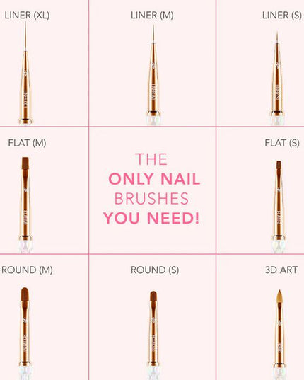 The Kiara Sky Nail Art Brush Collection is a must-have set of eight precision tools designed to elevate your nail artistry. Whether you're creating delicate linework, intricate floral designs, or bold abstract looks, each brush in this curated collection offers a unique shape and function to suit every creative need. 