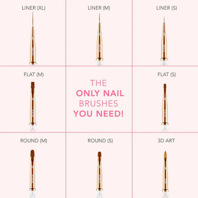 The Kiara Sky Nail Art Brush Collection is a must-have set of eight precision tools designed to elevate your nail artistry. Whether you're creating delicate linework, intricate floral designs, or bold abstract looks, each brush in this curated collection offers a unique shape and function to suit every creative need. 