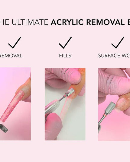 The Safety Removal Bit Medium Grit is a precision drill bit engineered for safe, efficient acrylic removal. Its X-cut and zirconium-coated carbide construction allow you to remove acrylic quickly while minimizing heat. Designed to protect skin contact and reduce risk, this bit delivers both safety and performance—ideal for busy nail techs who need control without sacrificing client comfort.