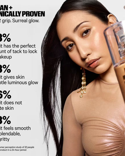 Milk Makeup Hydro Grip + Glow Primer is a 12-hour illuminating primer that hydrates with hyaluronic acid for a soft, radiant, golden-hour glow.