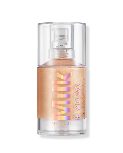 Milk Makeup Hydro Grip + Glow Primer is a 12-hour illuminating primer that hydrates with hyaluronic acid for a soft, radiant, golden-hour glow.