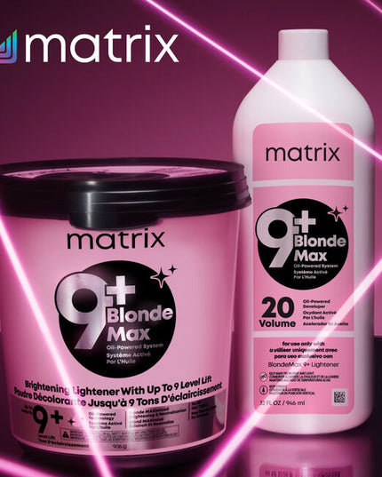 Achieve your clients' dream blonde with the Matrix BlondeMax 9+ Oil-Powered Lightening System. This high-performance lightener provides up to 9 levels of clean, even lift for stunning, bright results on any hair type. -Achieves up to 9 levels of clean, powerful lift.
