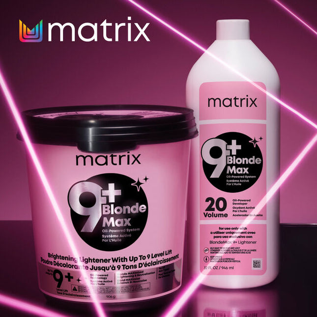 Achieve your clients' dream blonde with the Matrix BlondeMax 9+ Oil-Powered Lightening System. This high-performance lightener provides up to 9 levels of clean, even lift for stunning, bright results on any hair type. -Achieves up to 9 levels of clean, powerful lift.