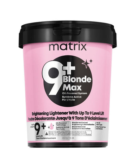 Achieve your clients' dream blonde with the Matrix BlondeMax 9+ Oil-Powered Lightening System. This high-performance lightener provides up to 9 levels of clean, even lift for stunning, bright results on any hair type. -Achieves up to 9 levels of clean, powerful lift.