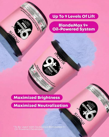 Achieve your clients' dream blonde with the Matrix BlondeMax 9+ Oil-Powered Lightening System. This high-performance lightener provides up to 9 levels of clean, even lift for stunning, bright results on any hair type. -Achieves up to 9 levels of clean, powerful lift.
