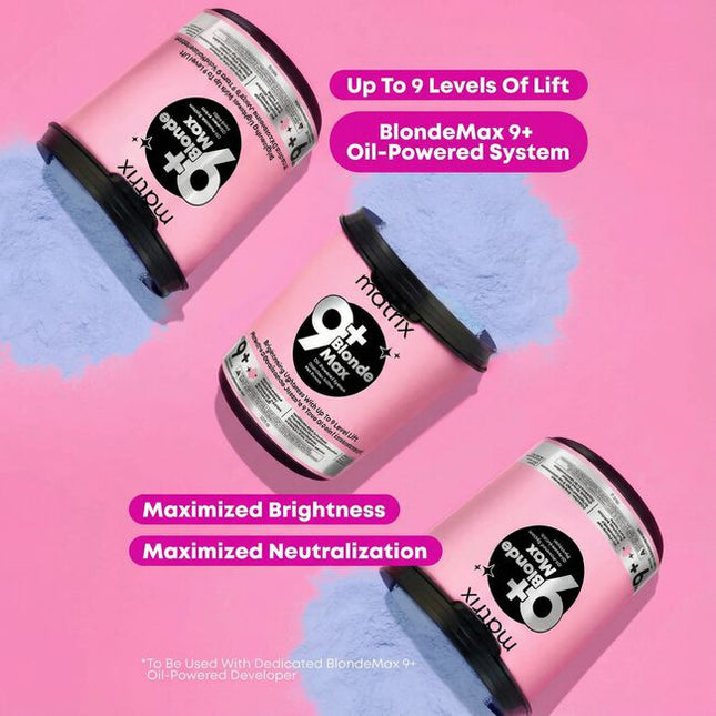 Achieve your clients' dream blonde with the Matrix BlondeMax 9+ Oil-Powered Lightening System. This high-performance lightener provides up to 9 levels of clean, even lift for stunning, bright results on any hair type. -Achieves up to 9 levels of clean, powerful lift.