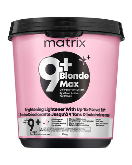 Achieve your clients' dream blonde with the Matrix BlondeMax 9+ Oil-Powered Lightening System. This high-performance lightener provides up to 9 levels of clean, even lift for stunning, bright results on any hair type. -Achieves up to 9 levels of clean, powerful lift.