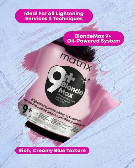 Achieve your clients' dream blonde with the Matrix BlondeMax 9+ Oil-Powered Lightening System. This high-performance lightener provides up to 9 levels of clean, even lift for stunning, bright results on any hair type. -Achieves up to 9 levels of clean, powerful lift.