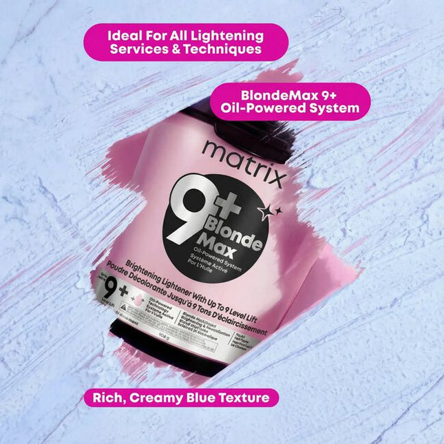 Achieve your clients' dream blonde with the Matrix BlondeMax 9+ Oil-Powered Lightening System. This high-performance lightener provides up to 9 levels of clean, even lift for stunning, bright results on any hair type. -Achieves up to 9 levels of clean, powerful lift.