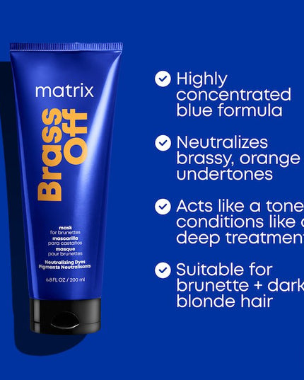 Brass Off Custom Neutralization Hair Mask is a color depositing formula that neutralizes brassy tones. Highly pigmented blue-violet tones that neutralize and eliminate brassy/orange tones to maintain lightened hair. It also helps repair and protect fragile hair.