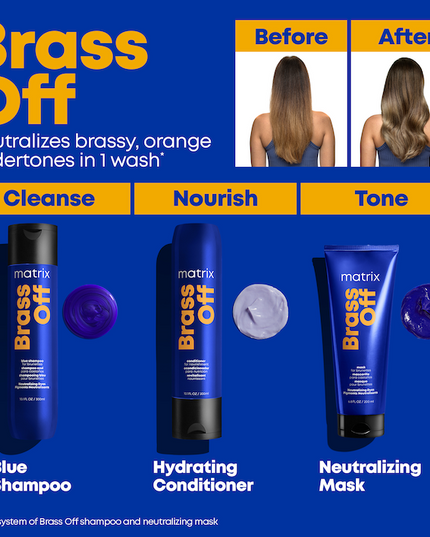 Brass Off Custom Neutralization Hair Mask is a color depositing formula that neutralizes brassy tones. Highly pigmented blue-violet tones that neutralize and eliminate brassy/orange tones to maintain lightened hair. It also helps repair and protect fragile hair.