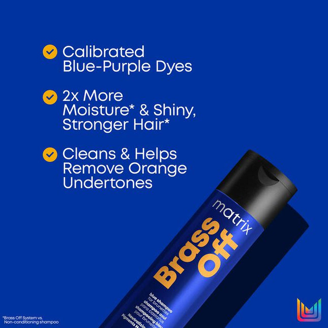 Brass Off neutralizing haircare system, infused with blue-purple pigments and ceramide. Helps remove unwanted brassy orange undertones in just one wash! Provides 2x more moisture &amp; shiny, stronger Hair. For lightened brunettes. Caring actives for lasting neutralization: Calibrated dyes help to remove brassy orange undertones in just one wash! Ceramide retains moisture, nourishment and shine!