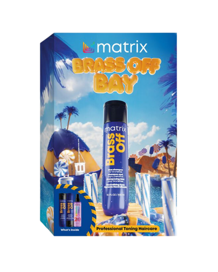 Brass Off Kit Includes:
(1) - Brass Off Shampoo, 10.1 fl. oz.
(1) - Brass Off Conditioner, 10.1 fl. oz.
(1) - Miracle Creator Treatment, 6.8 fl. oz.
