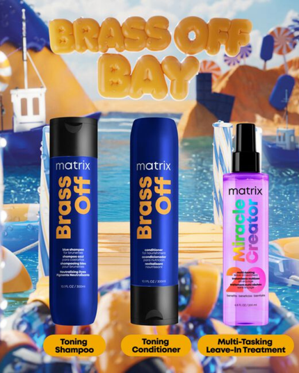 Brass Off Kit Includes:
(1) - Brass Off Shampoo, 10.1 fl. oz.
(1) - Brass Off Conditioner, 10.1 fl. oz.
(1) - Miracle Creator Treatment, 6.8 fl. oz.