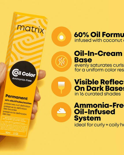 Coil Color is an ammonia-free permanent color line made with 60% oil formula to preserve curl definition.