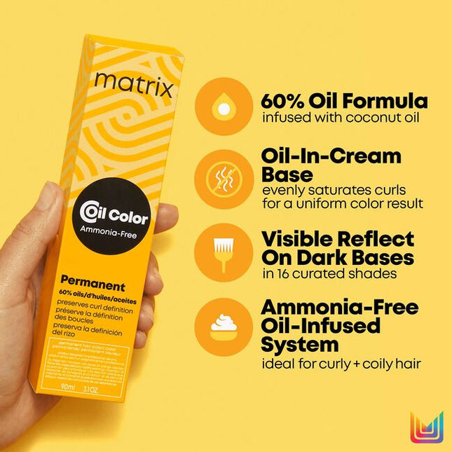 Coil Color is an ammonia-free permanent color line made with 60% oil formula to preserve curl definition.