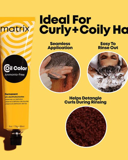 Coil Color is an ammonia-free permanent color line made with 60% oil formula to preserve curl definition.