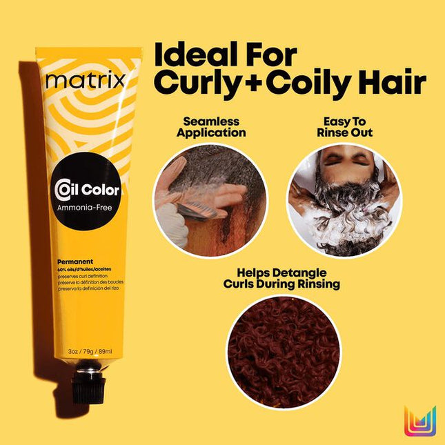 Coil Color is an ammonia-free permanent color line made with 60% oil formula to preserve curl definition.