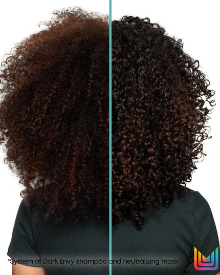 Dark Envy Red Neutralization Hair Mask has a complex concentration of blue-green direct dyes to neutralize red undertones on your clients with dark brunette bases while deeply nourishing the hair fiber and leaving a radiant shine.